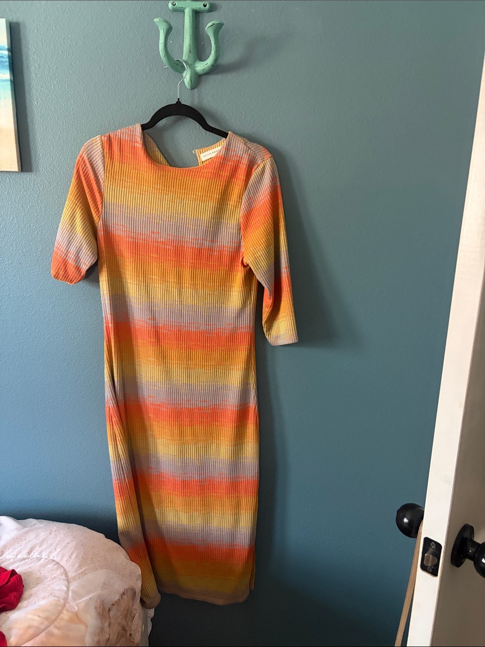 NATIVE YOUTH Yellow, Orange & Gray Striped Ribbed Maxi Dress